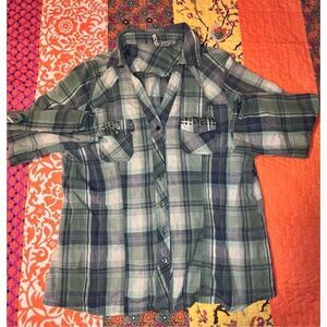 Green plaid long sleeve rhinestone studded shirt XL